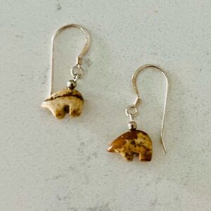 Sterling Silver 925 Picture Jasper Bear Fetish Dangle Earrings